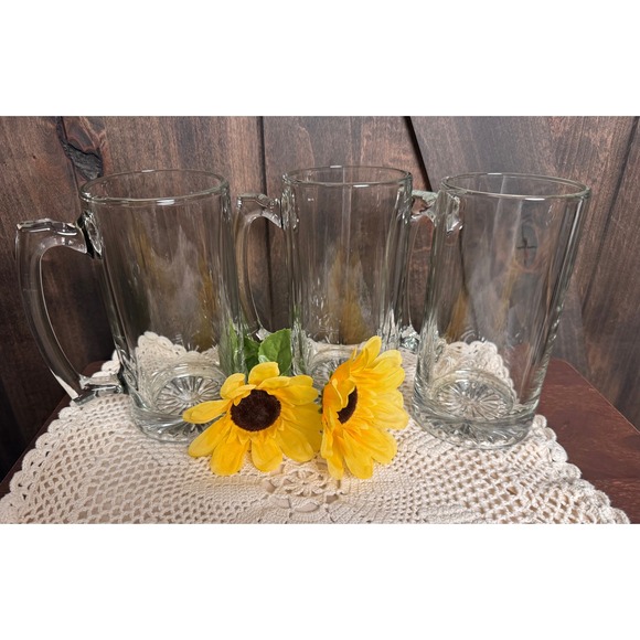 Vintage Heavy Glass Set of 3 Beer Mugs Drinking Glasses with Starburst Base - Picture 1 of 6